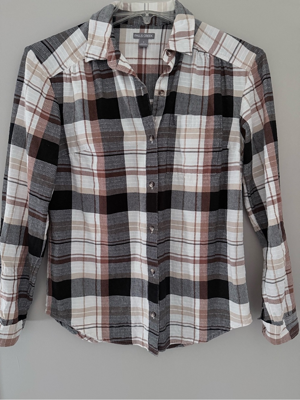 Falls Creek Plaid Button-Down Shirt in White, Black & Brown Tones